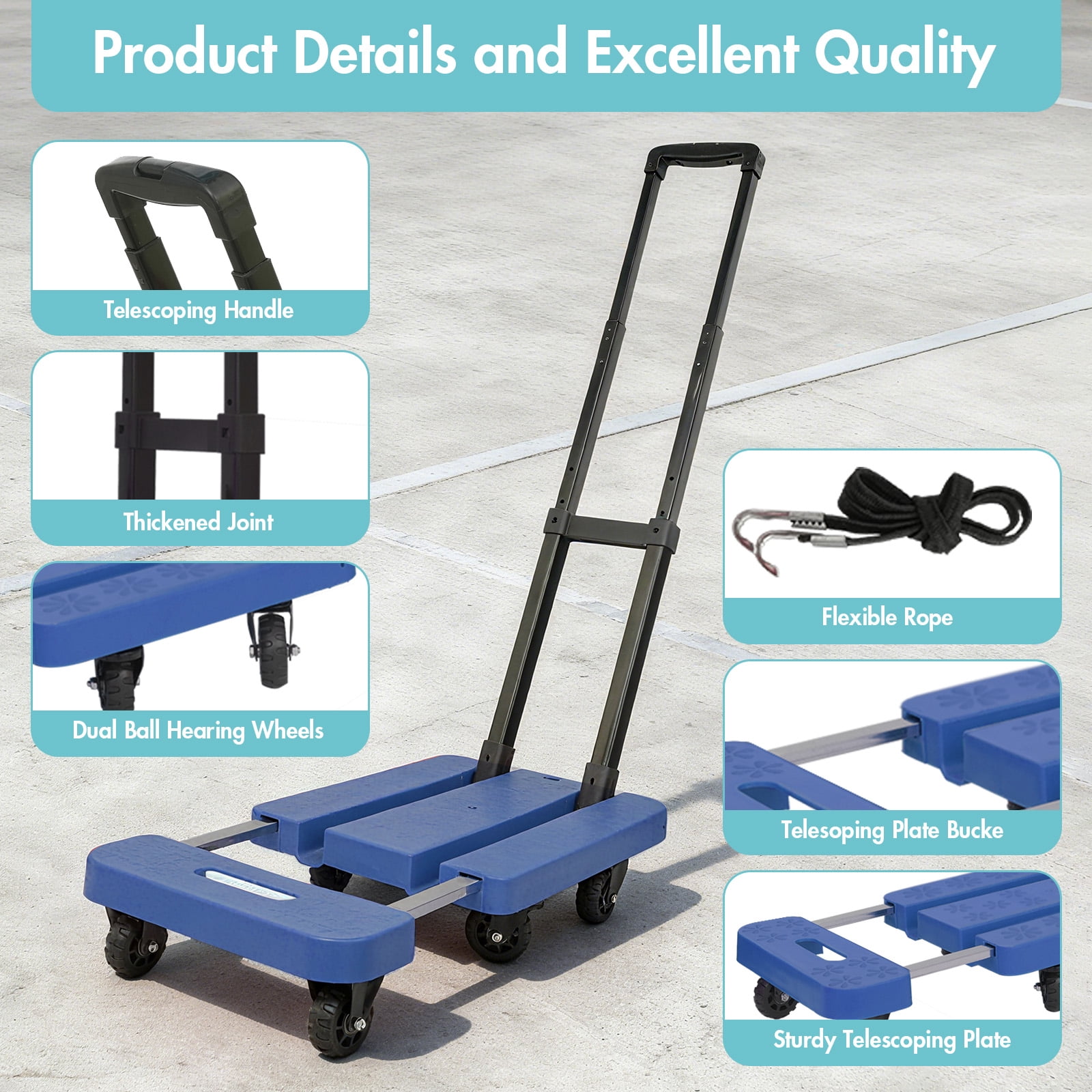 BAOKALER Folding Hand Truck, Heavy Duty Dolly Cart, Push Dolly Cart Foldable Platform with 6 Wheels, Blue