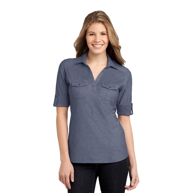 Port Authority® Ladies Oxford Pique Polo con dos bolsillos. L557 Vestido Azul Marino/ Autoridad Portuaria L557