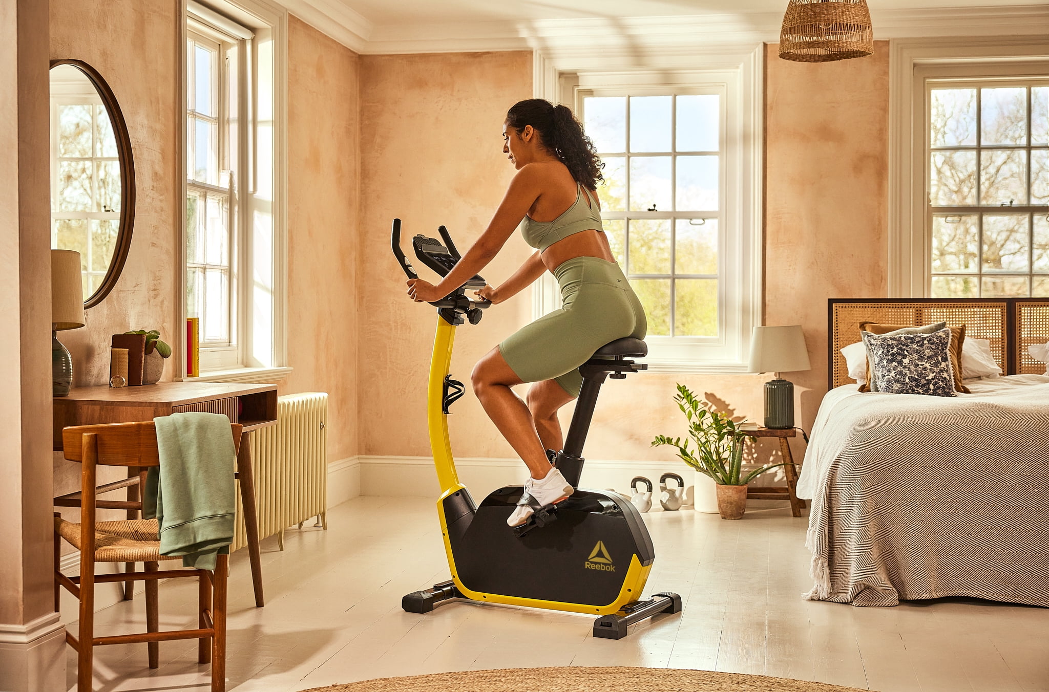 Reebok Fitness Delta FR30 Exercise Bike, Yellow, Indoor Upright Stationary Cycling, Cardio Exercise, bluetooth, 32 electronic resistance levels