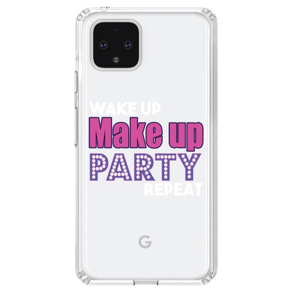 DistinctInk Clear Shockproof Hybrid Case for Google Pixel 4 (6.1" Screen) - TPU Bumper Acrylic Back Tempered Glass Screen Protector - Wake Up Make Up Party Repeat
