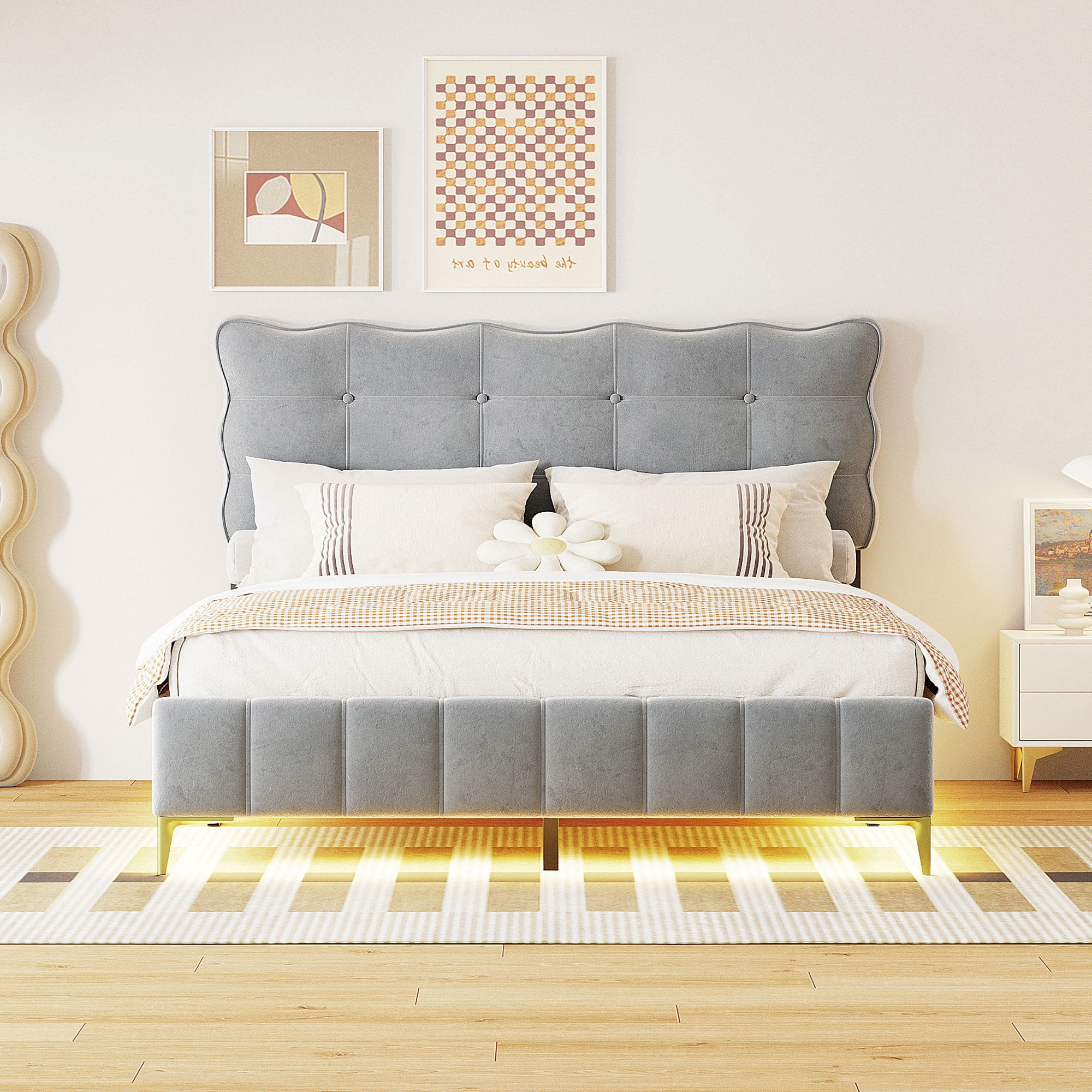 Miniyam Velvet Upholstered Platform Bed, Queen Size LED Bed Frame with Button Tufted Design Headboard and Solid Wood Slat Support, Gray