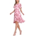 thumbnail image 4 of Vestido midi floral de mujer con volantes y dobladillo asimétrico, de manga corta y cuello redondo, color rosa, 4 of 5