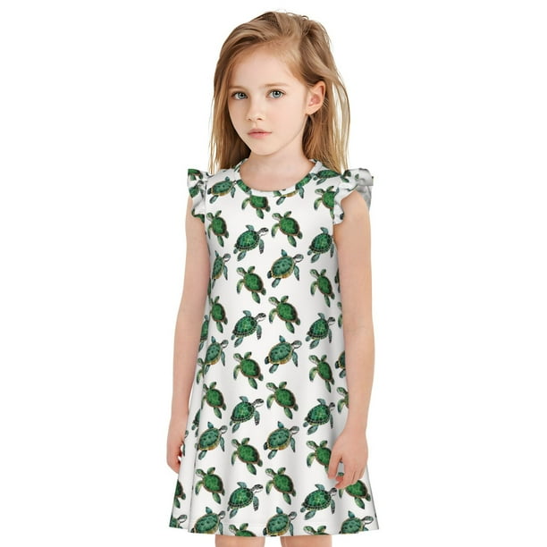 Fotbe Watercolor Turtle Vestido de Dormir para Niñas de 3 a 10 Años, Mangas Cortas, Estilo Princesa, Pijama Camisón con Mangas Voladas-X-Large