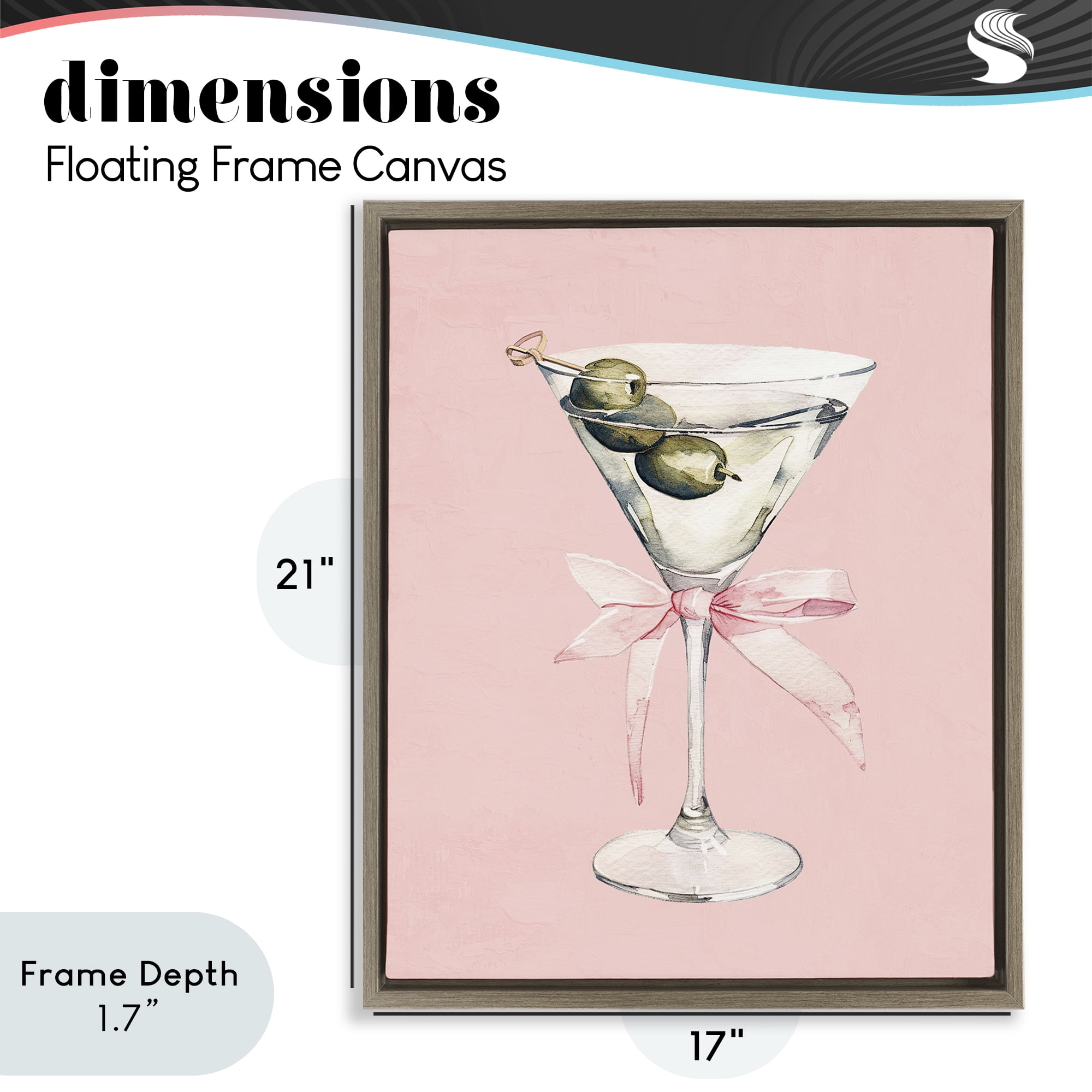 Stupell Industries Martini with Pink Bow Brown Framed Floater Canvas Wall Art, design by Kim Allen
