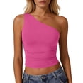 thumbnail image 2 of Women's One Shoulder Tank Tops Double Lined Sleeveless Slim Fit Cropped Tee Shirt Y2k Tops Off Shoulder Slim Fit Crop Top Beach Vacation Outfits Womens Tops Hot Pink XL, 2 of 5
