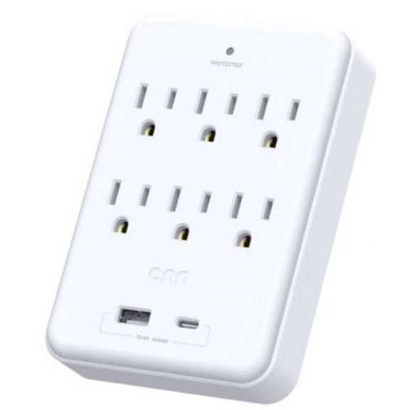 onn Surge Protector Wall Tap with 6 AC Outlets and USB and USB-C Ports, White
