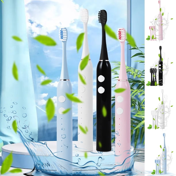 Cepillo de dientes eléctrico con temporizador y 4 cabezales de cepillo - Impermeable IPX7, 5 modos de limpieza, recargable por USB, portátil para viajar - blanco, rosa, azul