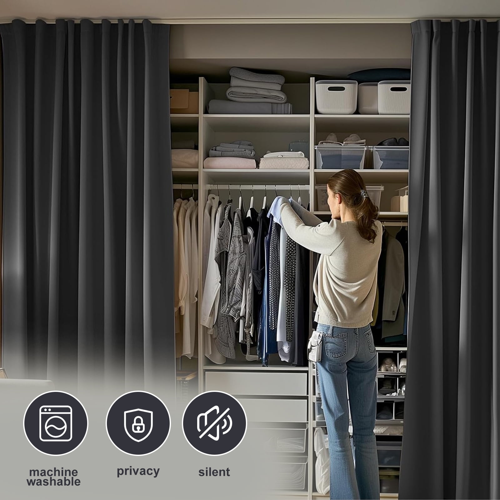 CBSRORO Room Divider Blackout Curtains with Ceiling Mounted Curtain Track Set,1 Panel Black Divider Curtain and White Flexible Curtain Track for Room Separation