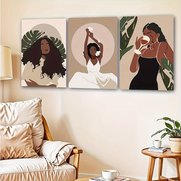 3pcs, 2D Frameless Canvas Art, Three-Piece Living Room Decorative Painting Set - Featuring Characters, Leaves, Flowers, Geometric Shapes, Red Grapes, Glasses, Mid-Century Modern Art, Bar, Cafe, Home
