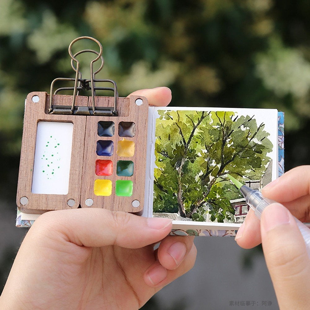 Portable Travel Watercolor Set, Mini Watercolour Paint Set Pocket Paint Sketchbook Box for Outing Art Supplies