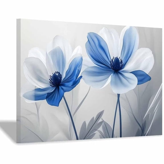 Mudket Blue and White Flowers Canvas Wall Art, Framed Floral Print, Ready to Hang Wall Decor for Living Room Bedroom, Modern Botanical Artwork - 12"L x 8"W