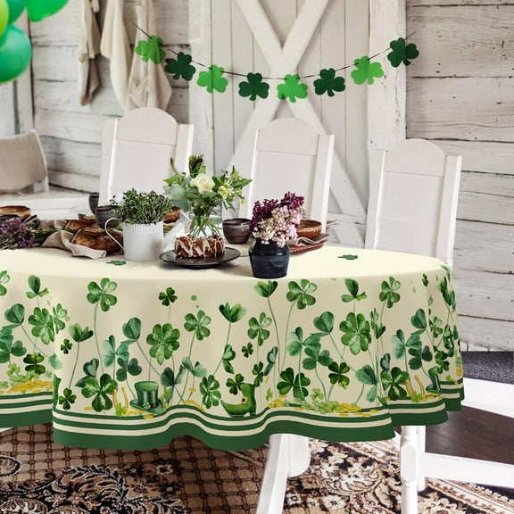 St Patricks Day Tablecloth, Green Oval Tablecloth 60x84 Inch, Polyester Waterproof Tablecloth, Shamrock Gold Coins St. Patrick''s Day Holiday Kitchen Table Decoration for Dinner, Party