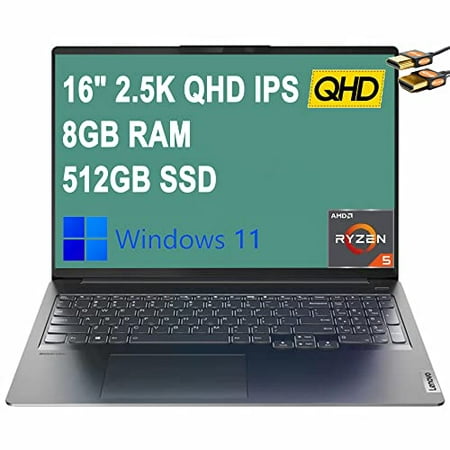 Lenovo Ideapad 5 Pro 16 Laptop 16" 2.5K QHD IPS Display (100% sRGB) AMD Hexa-Core Ryzen 5 5600H (Beats i7-9750H) 8GB RAM 512GB SSD Backlit Keyboard Dolby Atmos Win 11 Grey + HDMI Cable