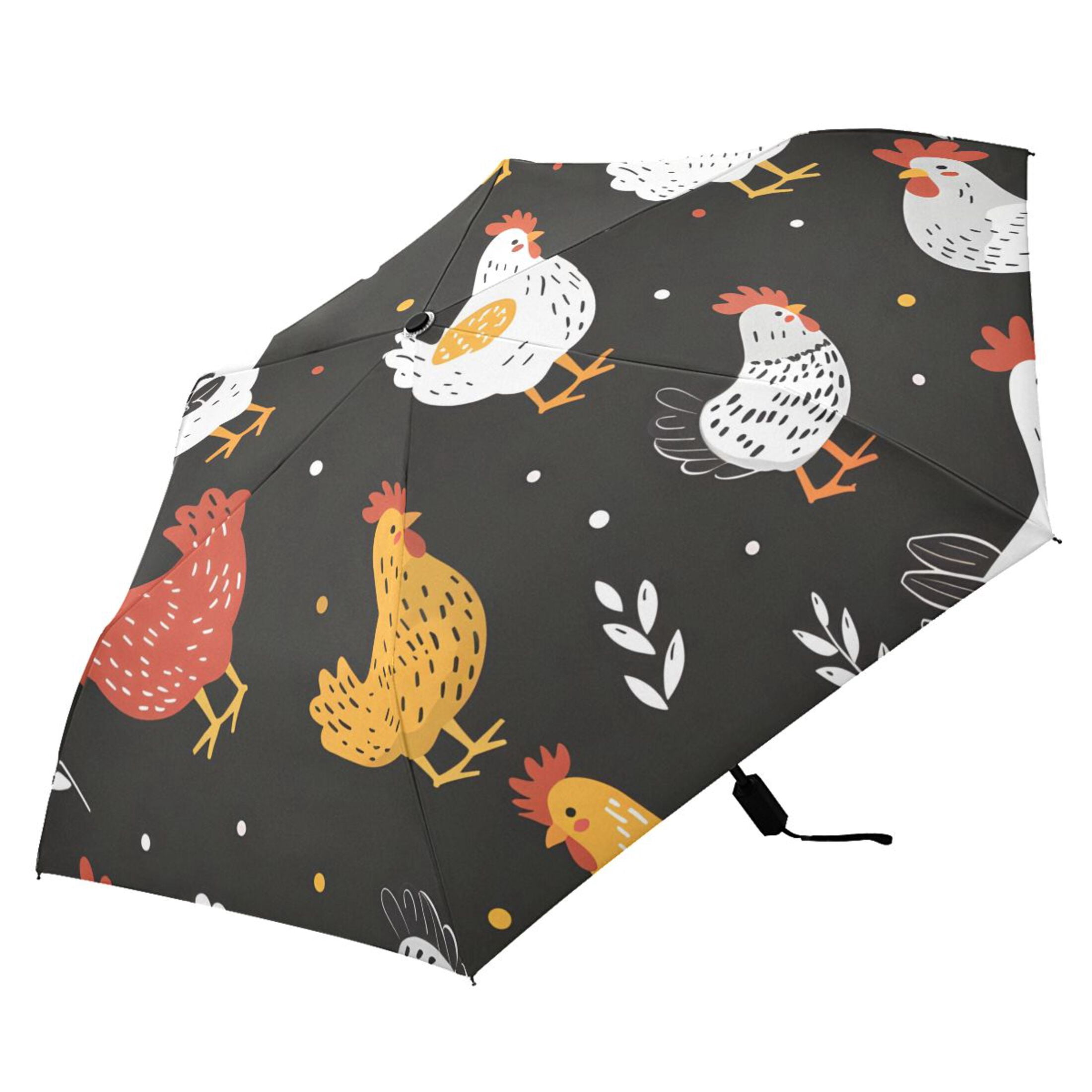 Cartoon Chicken and Leaf Compact Sun Umbrella Windproof Travel Umbrellas for Rain Strong Portable UV Protection