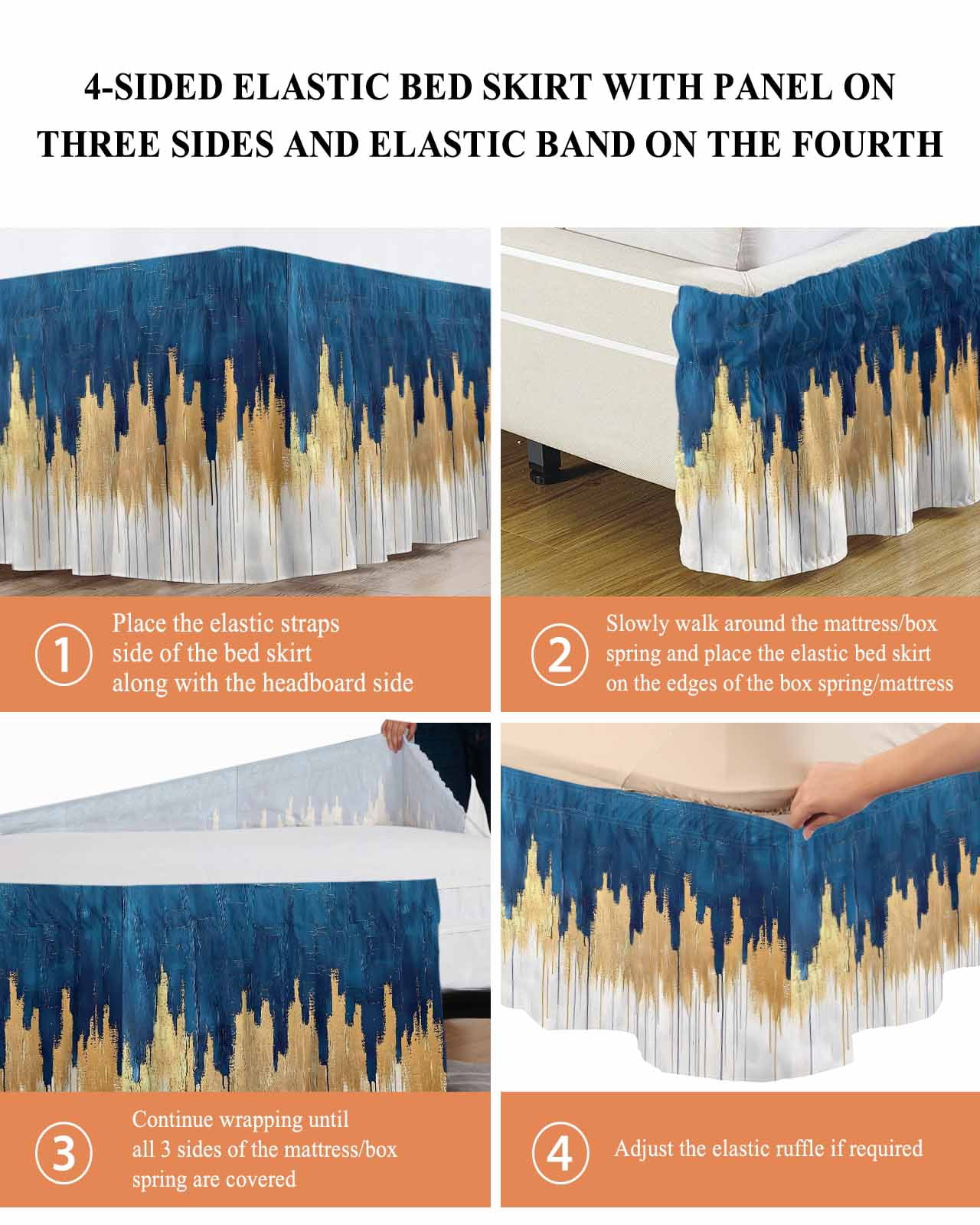 Blue Gold Wrap Around Bed Skirts for Queen Bed 16" Drop,Bed Skirt with Adjustable Elastic Belt Dust Ruffle Bed Valance for Bedroom Hotel Modern Street Art Splatter Foil Painting Bed Frame Cover