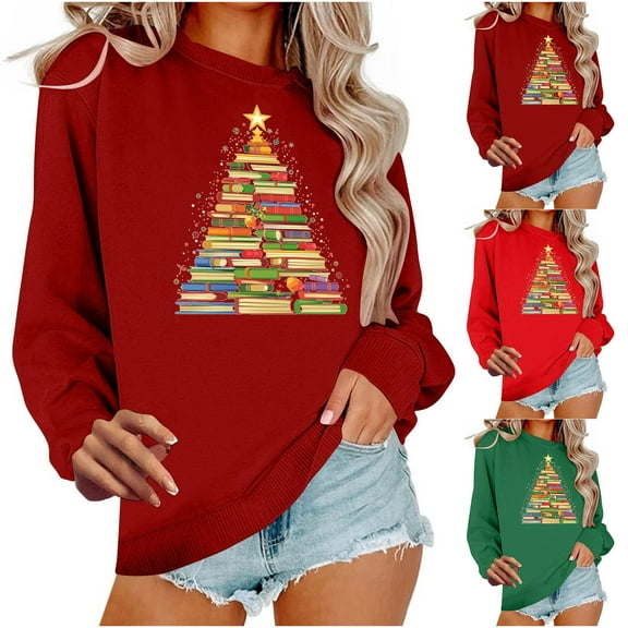 Hueook Sweatshirts for Women Women's Round Neck Hoodless Christmas Printed Casual Loose Sweatshirt Red XS