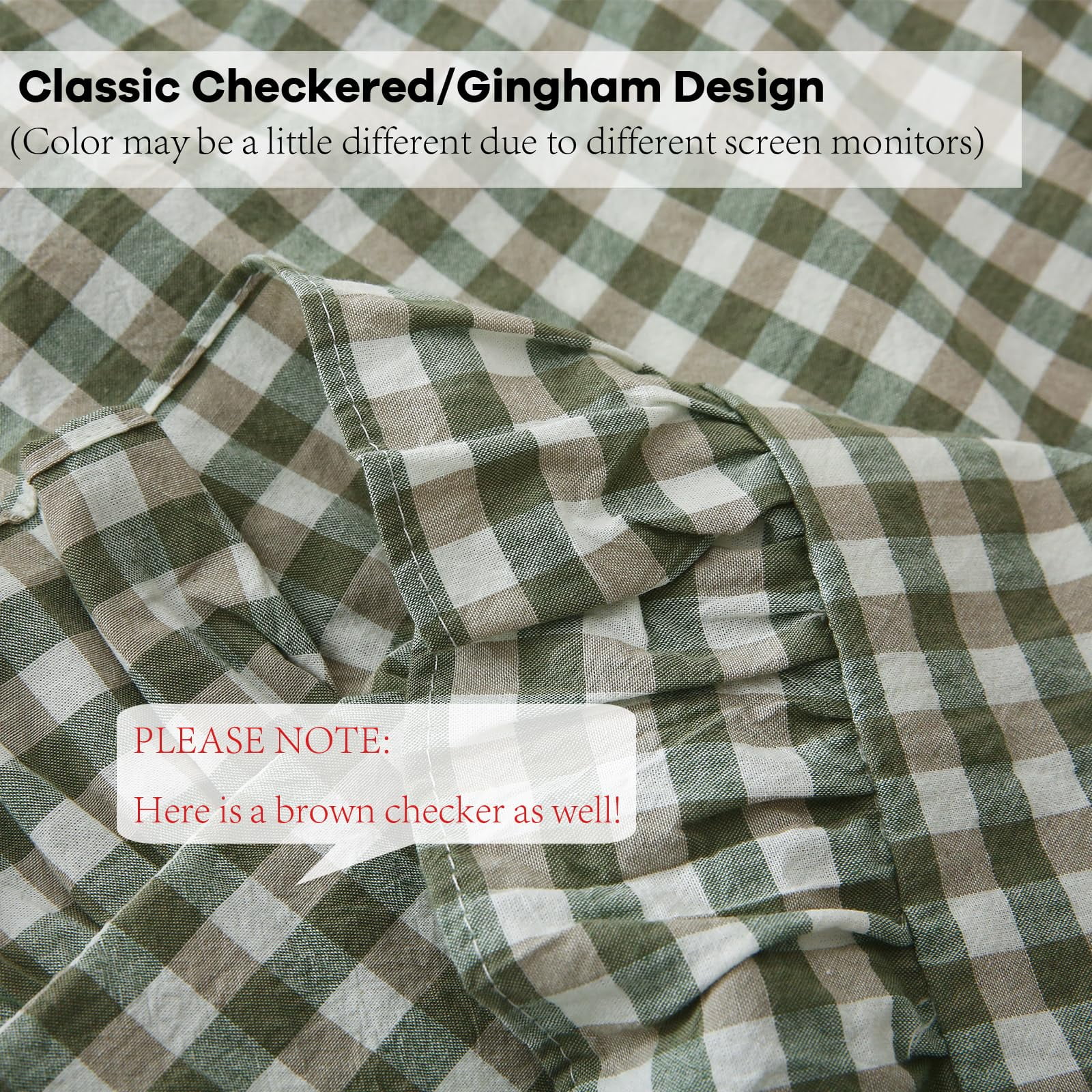 2 Pack Sage Green Plaid Ruffle Gingham Throw Pillow Covers, 100% Washed Cotton Checkered Farmhouse Decorative Pillow Shams for Bed/Sofa - 18''x18''