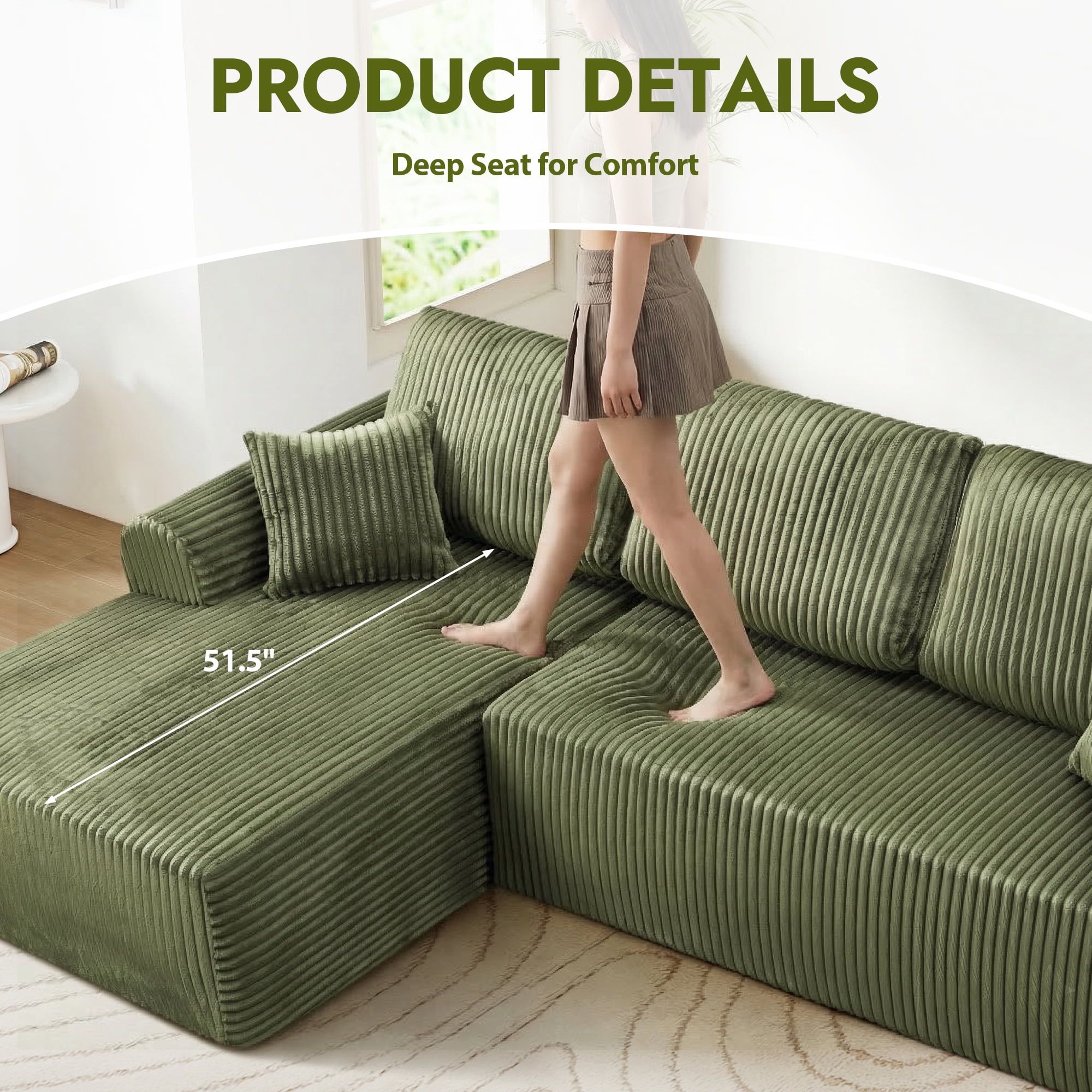 Aukfa 109" Modular Cloud Sectional Sofa with L-Shape Chaise, Corduroy Upholstered Deep Seat Couch, Left Facing Chaise, No Assembly Boneless Sofa for Living Room/Bedroom/Apartment, Green