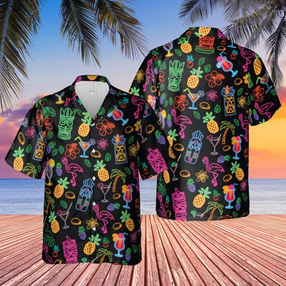 Neon Tiki Hawaiian Shirt For Men Women, Tiki Short Sleeve Button Down, Tropical Pattern With Flamingos And Cocktails Shirt,Tiki Holiday Gift.