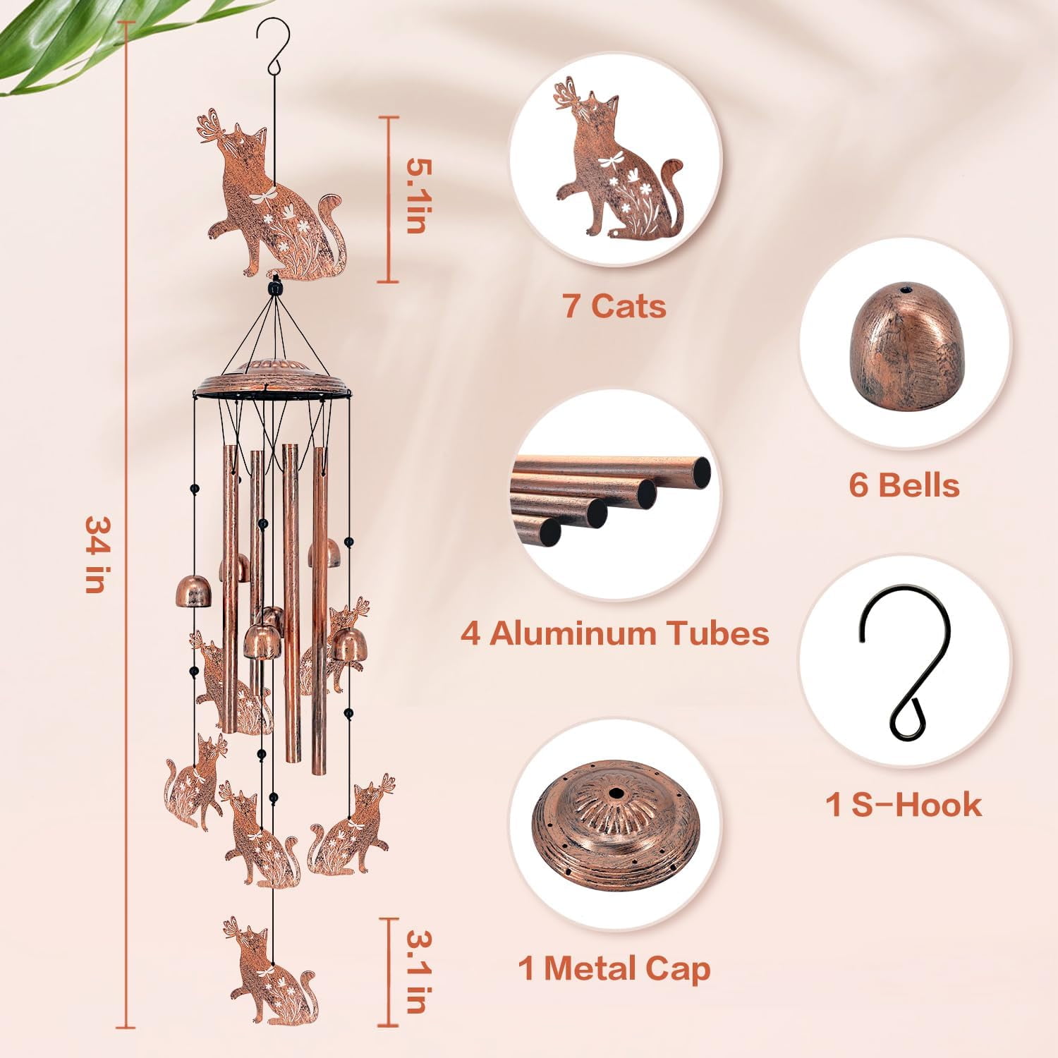 Cat Wind Chimes Outdoor Metal, Handmade Garden Windchime with Aluminum Tubes Bells, Antique Bronze Cat Decor for Patio Porch Yard, Cat Lover Gifts for Women Men(wwx)