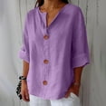 thumbnail image 3 of 3/4 Length Sleeve Womens Tops, Yigetop Linen Shirts for Women Summer Cotton Linen V Neck 3/4 Sleeve Tops Loose Vacation Beach Solid Blouses Tunic Tops Linen Shirt Women Purple 2XL, 3 of 8