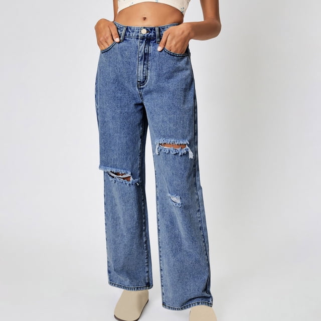 AherBiu Jeans for Women Ripped off High Waist Straight Leg Loose Distressed Trendy Denim Pants with Pockets
