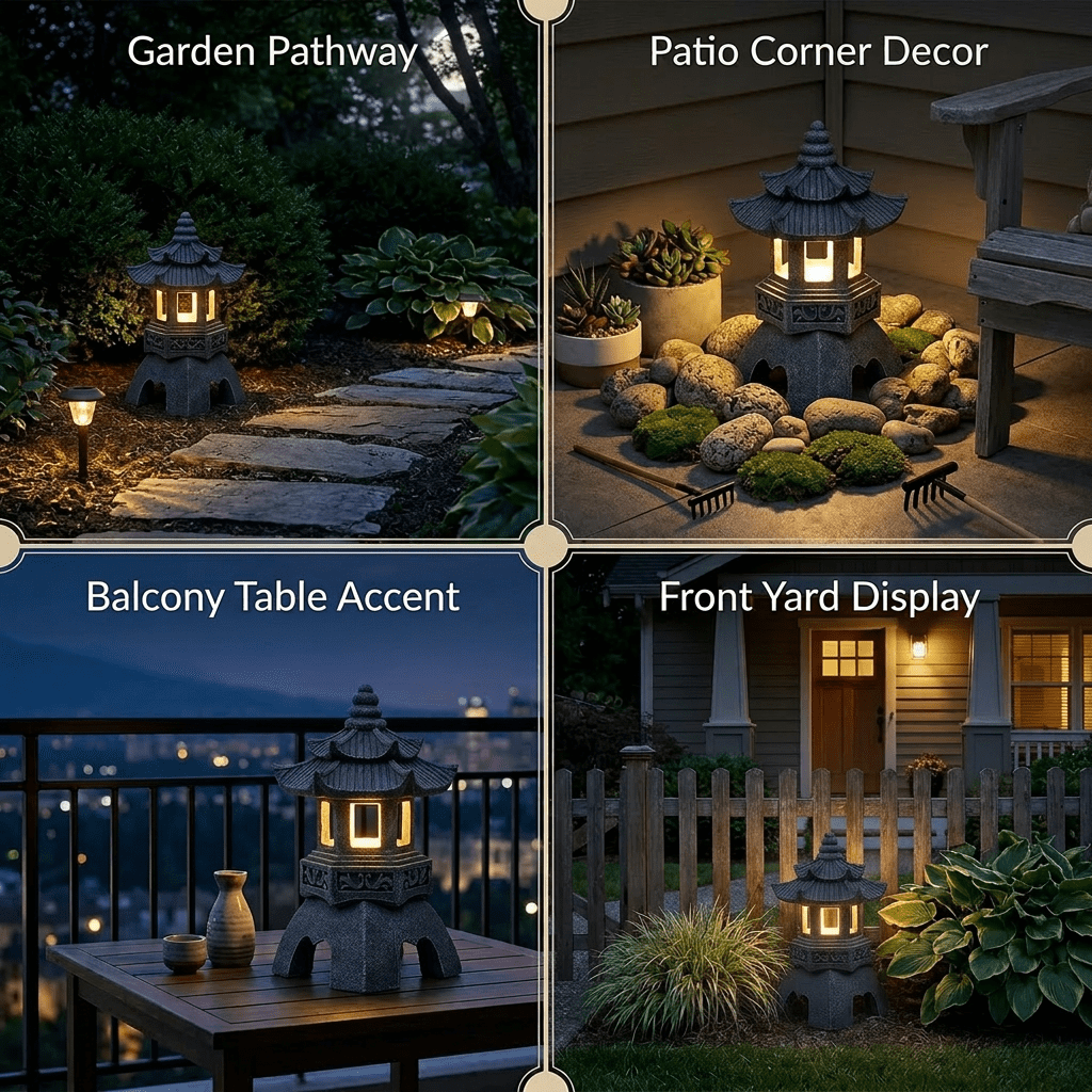 Japanese Solar Pagoda Lantern Garden Statue Outdoor Zen Decor Light