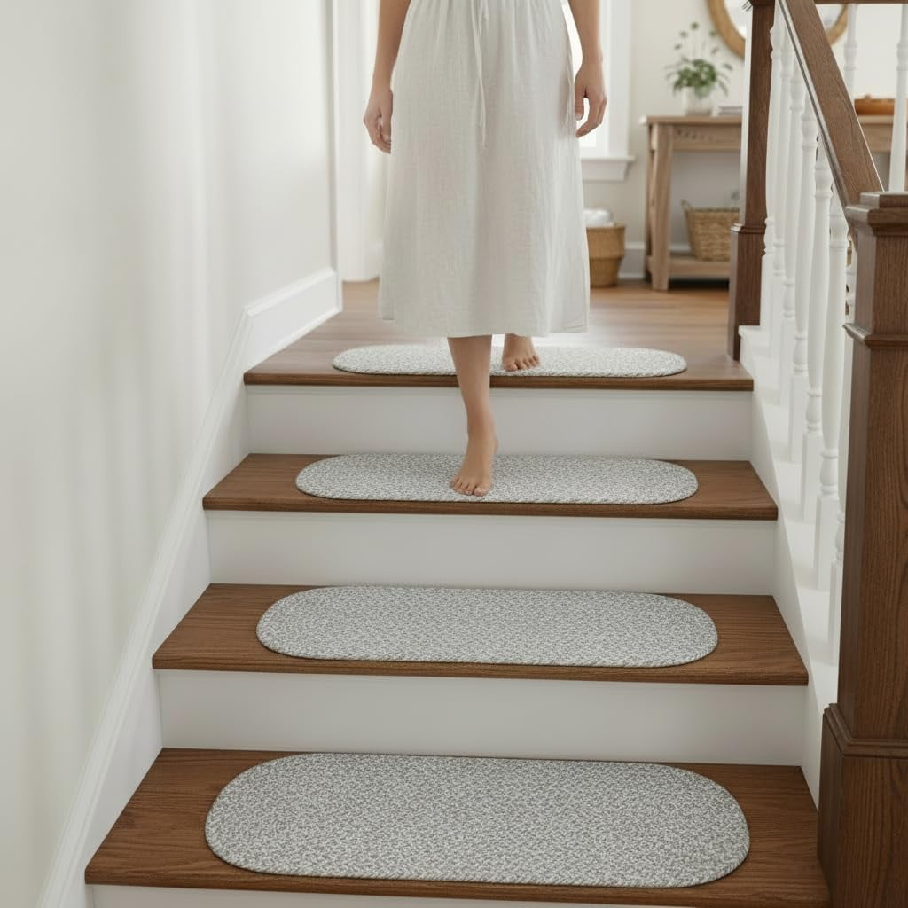 Super Area Rugs Farmhouse Braided Rug Soft Cotton Kitchen Reversible Carpet Gray & White, 8" X 28" - Single Stair Tread
