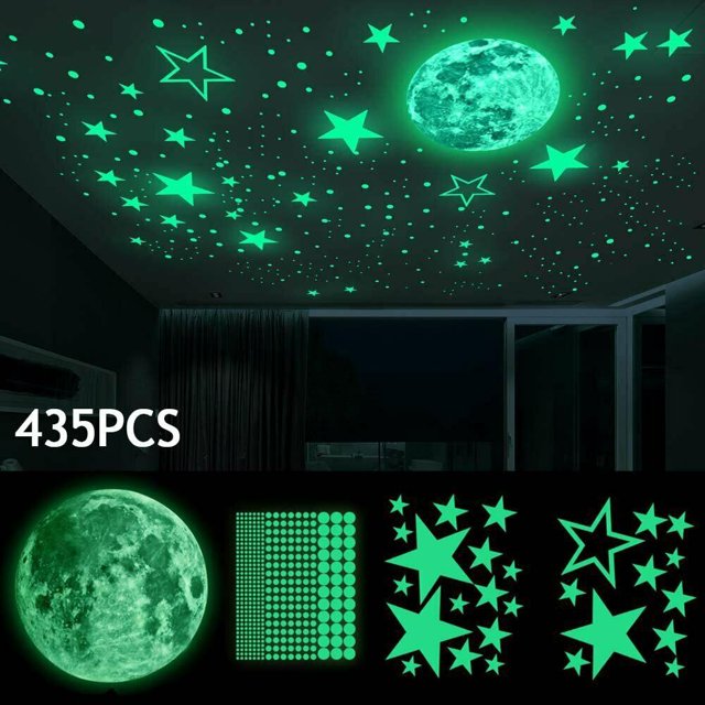 Estrellas que brillan en la oscuridad y luna para techo, estrellas luminosas y calcomanía de pared de luna, para decoración de pared de habitaciones infantiles, estrellas de fluorescencia pegajosas, JAMW Sencillez