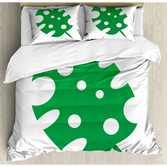 Philodendron Duvet Cover Set King Size, Simplistic and Monochrome Illustration of Tropical Leaf on a Plain Background, Decorative 3 Piece Bedding Set with 2 Pillow Shams, Green White, by Ambesonne