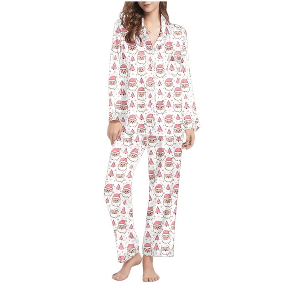 Lorytime Christmas Pajamas Set for Women Santa Claus Long Sleeved Collared Tops Elastic Waist Pants Casual Sleepwear