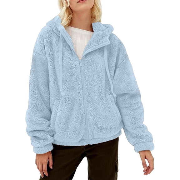 Luvrsol Womens Winter Coat Hooded Fleece Teddy Jacket Drawstring Relaxed Fit Warm Sherpa Coat, Blue S-3XL