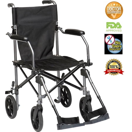 HEALTHLINE Super Light Weight Transport Wheelchair, Lightweight Folding Transport Wheelchair with Brakes, Elevating Leg Rest and Carry Travel Bag. Lightweight Wheelchair Under 25 Lbs, 19, 17 Inch Seat
