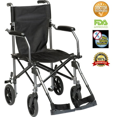 HEALTHLINE Super Light Weight Transport Wheelchair, Lightweight Folding Transport Wheelchair with Brakes, Elevating Leg Rest and Carry Travel Bag. Lightweight Wheelchair Under 25 Lbs, 19, 17 Inch