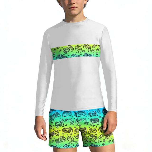 Bathing Suits for Teens Rash Guard Swimsuits Set for Boys Hawaiian Print Long Sleeve Swim Shirt with Swim Trunks Vacation Modest Two Piece Swim Set for 3-14Years
