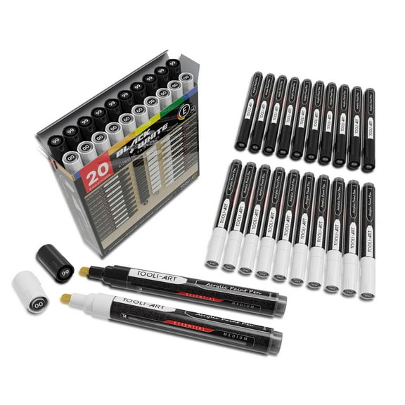 20 Black And White Acrylic Paint Markers Paint Pens Set (3mm MEDIUM)