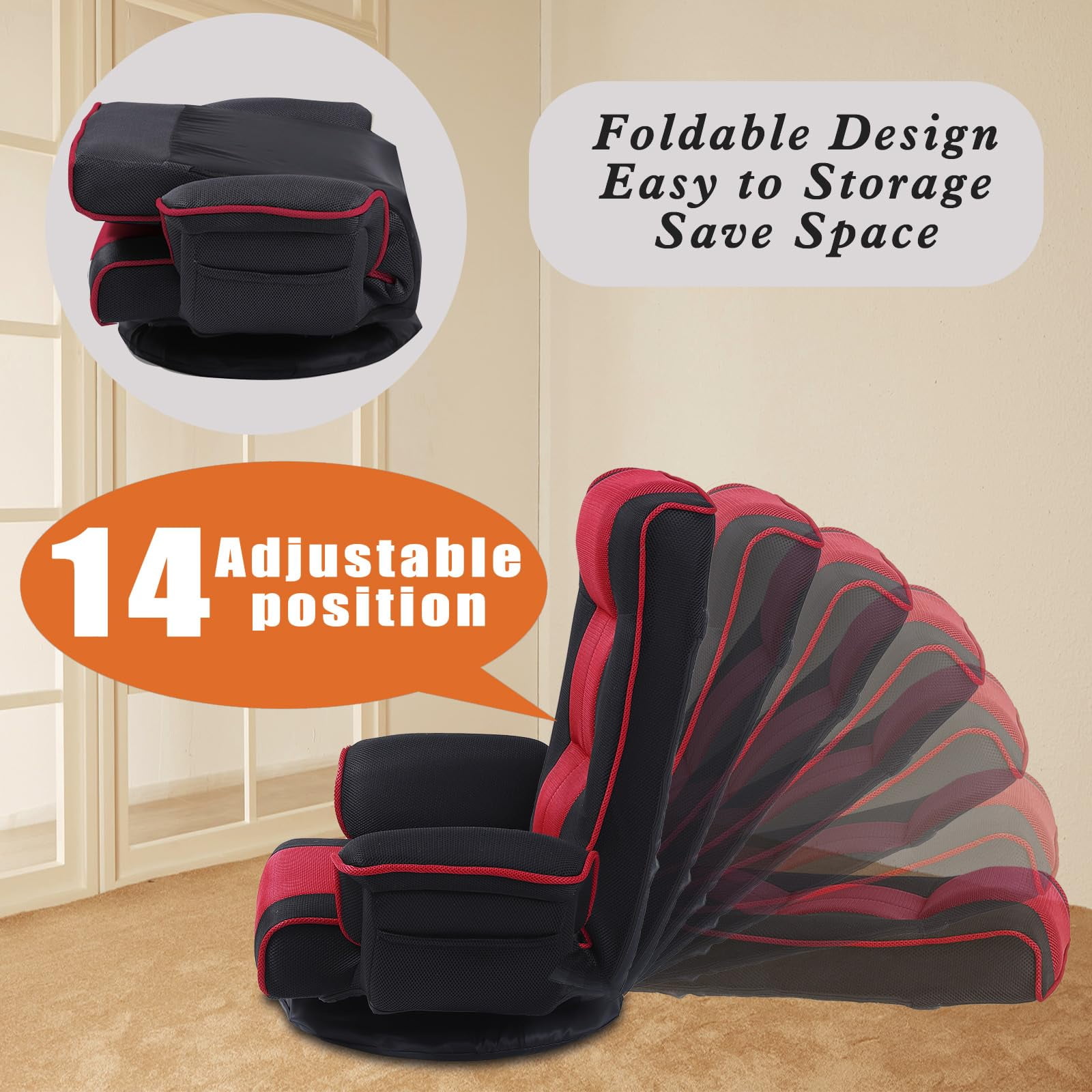 360 Degree Swivel Floor Chairs for Adults, Gaming Floor Chair with Back Support, 14 Angles Adjustable Comfortable Floor Lounge Chair Folding Video Game Chairs Office Bedroom