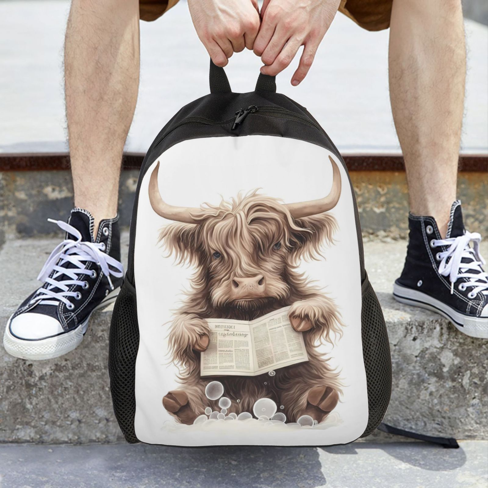 Horeoi Relaxed Cute Cow Reading Print Waterproof 600D Oxford Laptop Backpack for School Travel Work - Lightweight Durable Bag with Adjustable Straps