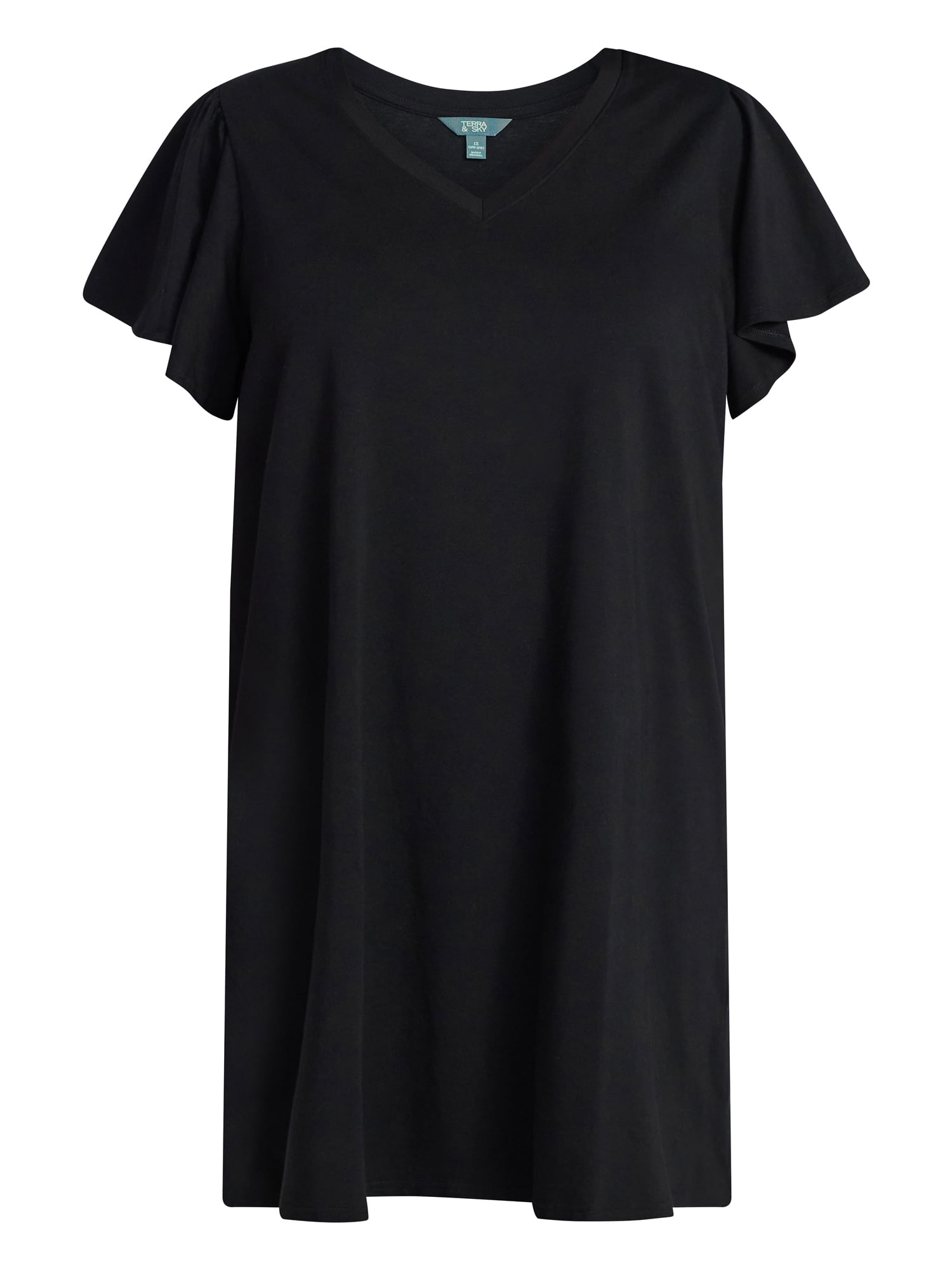 Terra & Sky Women's Plus Size V Neck Tee Dress with Flutter Sleeves, Size 0X-5X