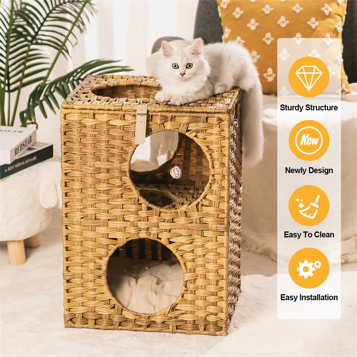 Pefilos 16.9 Inch 2-Tier Square Cat Condo, Wicker Kitten House Rattan Cat Bed with Rattan Ball and Cushion, Yellow Pefilos 16.9 Inch 2-Tier Square Cat Condo, Wicker Kitten House Rattan Cat Bed with Rattan Ball and Cushion, Yellow