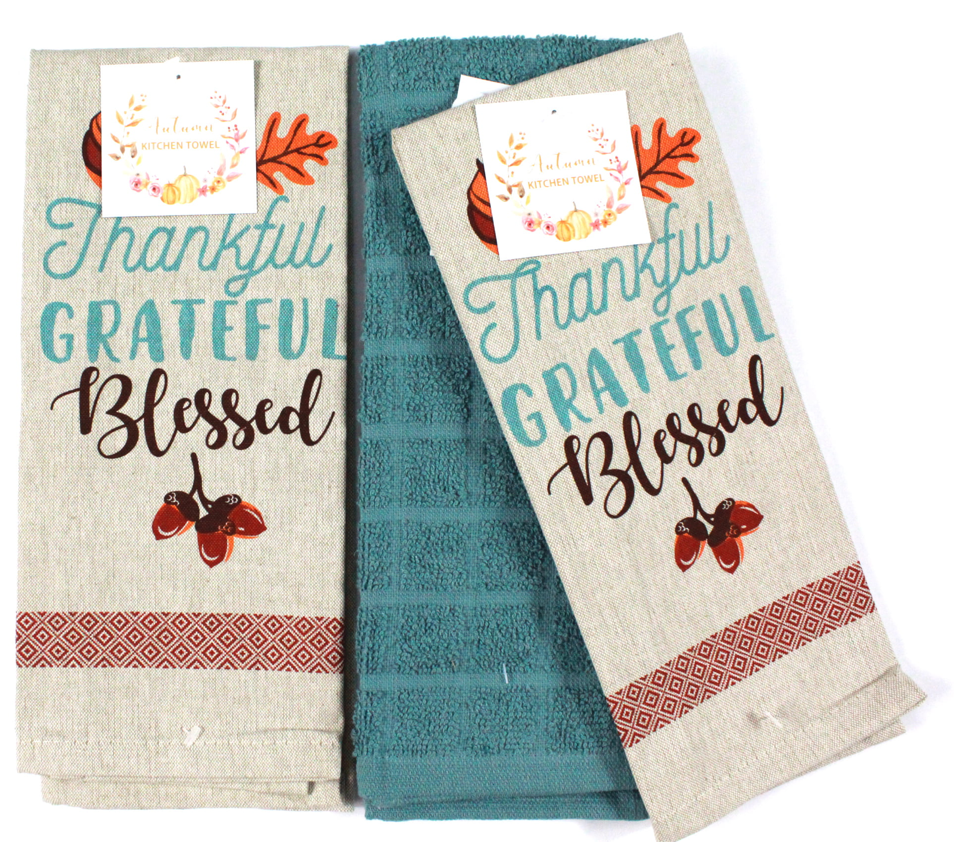 THANKFUL GRATEFUL BLESSED ON BROWN 15" x 25" GR Details about   3 SAME PRINTED KITCHEN TOWELS 