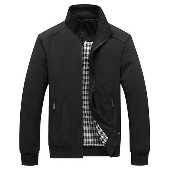 CharmCyan Men Lightweight Stand Collar Casual Jacket Windproof Bomber Jacket with Zipper Closure and Plaid Lining for Daily Wear Black L