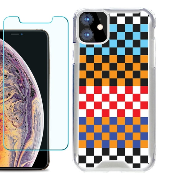 For Apple iPhone 11 Case, Hybrid Bumper Phone Case, with Tempered Glass Screen Protector, by OneToughShield ® - Colorful Checker
