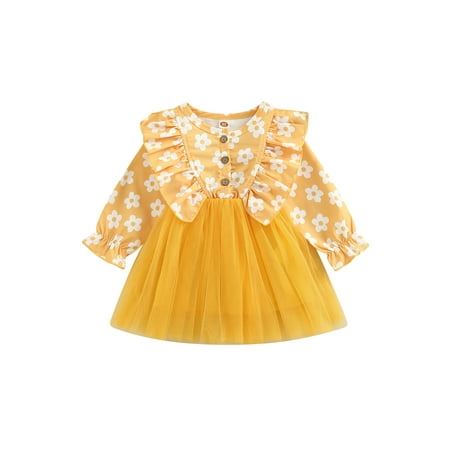 

EYIIYE Baby Girls Spring Fall Princess Dress Flower/Stars/Butterfly Print Long Sleeve Crew Neck Patchwork Mesh Dress 1-5 Years