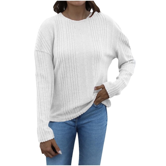 Yuyuzo Long Sleeve Shirts for Women Ribbed Knit Fall Casual Loose Crew Neck Solid Color Tunic Tops