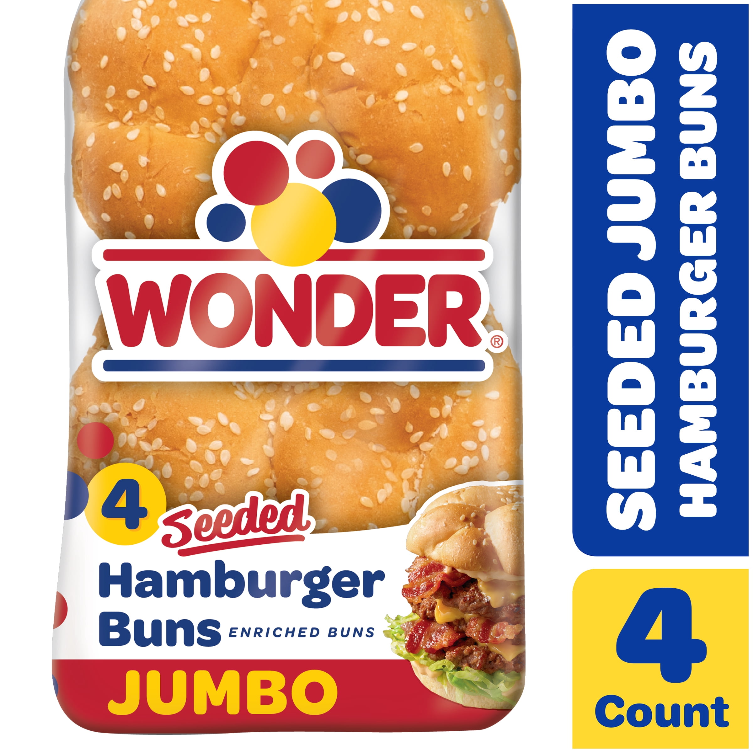 Wonder Jumbo Seeded Hamburger Buns, 4 Count, Shelf-Stable