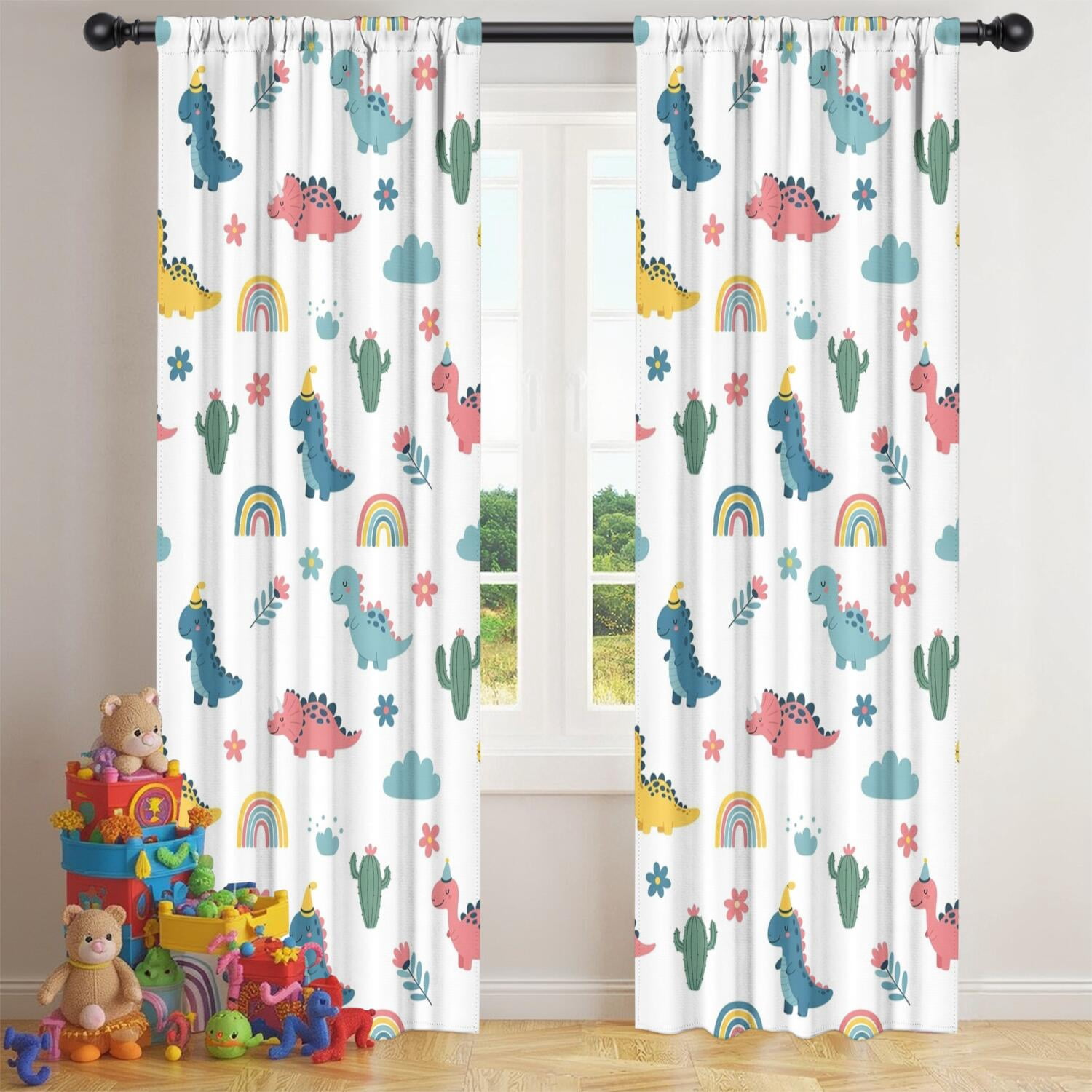 Blackout Kids Curtains,White Dinosaurs Rainbows Cacti Pattern Childrens Insulated Curtains Set Of 2,Bedroom Essentials,Toddler Room Decor 42"x84"