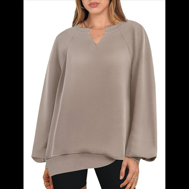 Sudaderas de Mujer, Camisetas de Larga con Cuello en V, Camisetas Básicas Informales para Otoño e Invierno. Caqui L