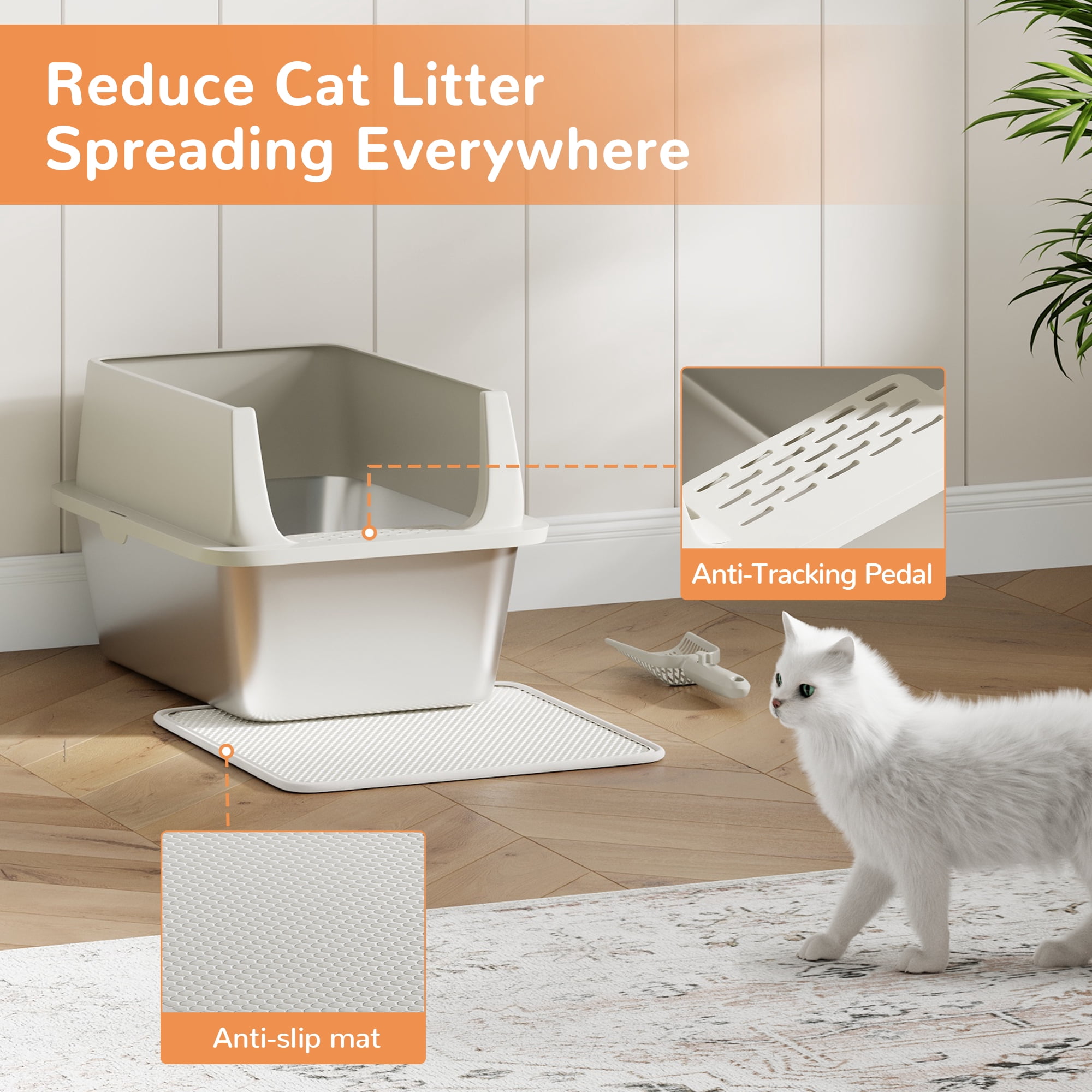 Garvee Large Stainless Steel Cat Litter Box with Lid, Enclosed Metal Litter Box for Big Cats, High Sided Anti-Leakage Design with Scoop and Mat, Odor Control with Carbon Filter