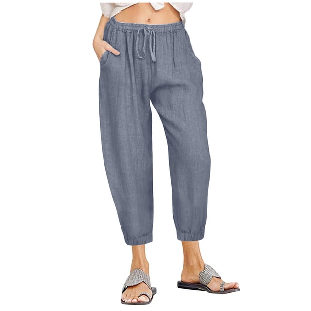 Timegard Womens Capri Pants Elastic Waisted Cinch Bottom Solid Color Casual Crop Trousers with Pockets